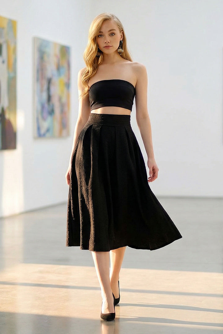 Black High Waist Wide Belted Hidden Zipper Textured Midi Skirt BCHNT-251236 - Yasynuvata