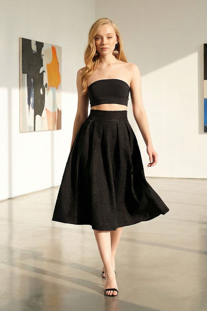 Black High Waist Wide Belted Hidden Zipper Textured Midi Skirt BCHNT-251236 - Santa María Atzompa