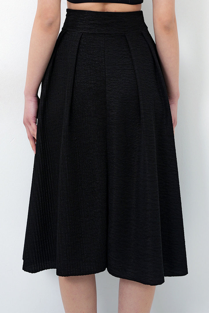 Black High Waist Wide Belted Hidden Zipper Textured Midi Skirt BCHNT-251236 - Yasynuvata