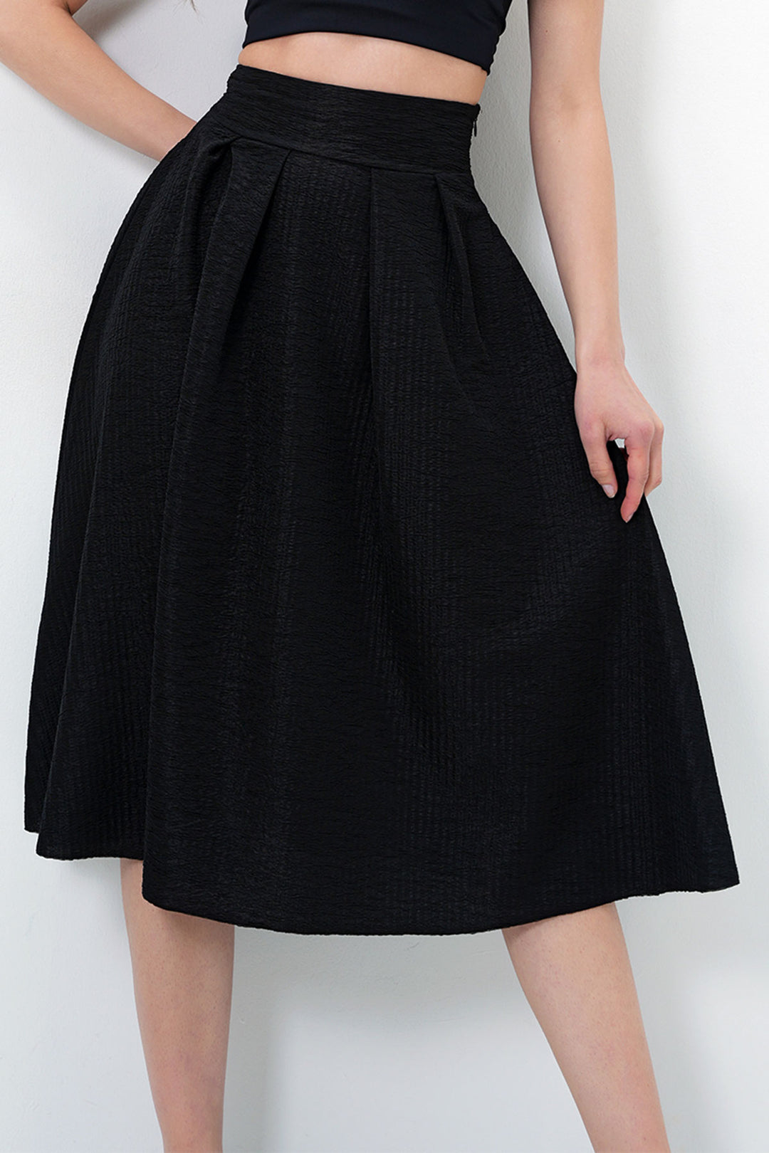 Black High Waist Wide Belted Hidden Zipper Textured Midi Skirt BCHNT-251236 - Santa María Atzompa