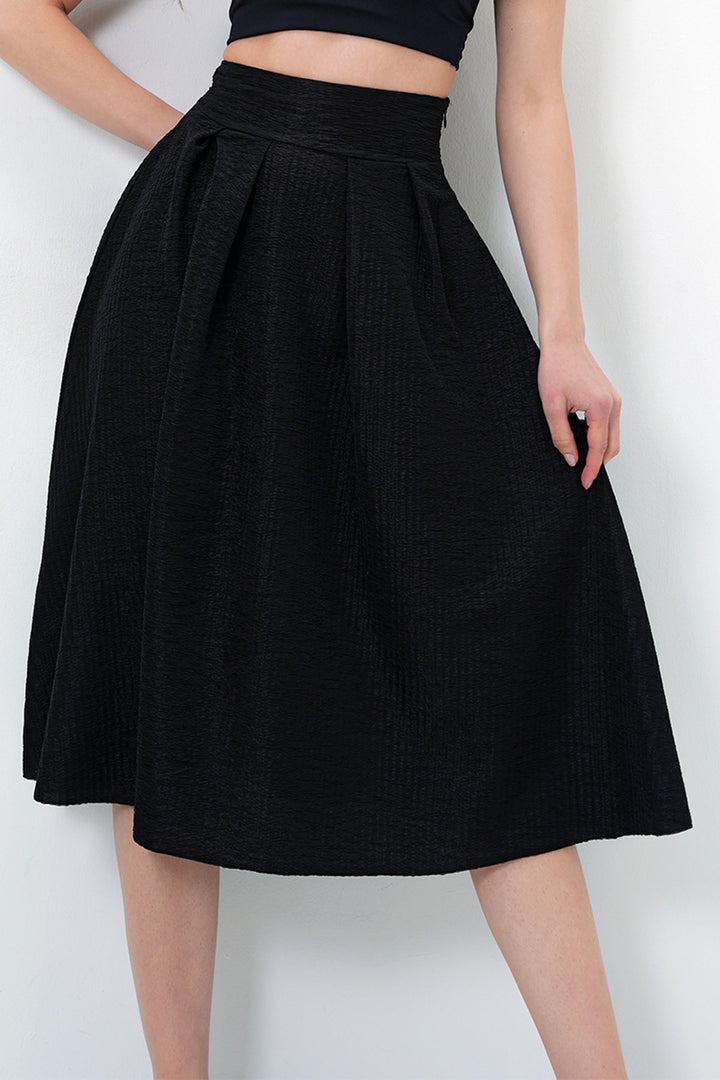 Black High Waist Wide Belted Hidden Zipper Textured Midi Skirt BCHNT-251236 - Yasynuvata