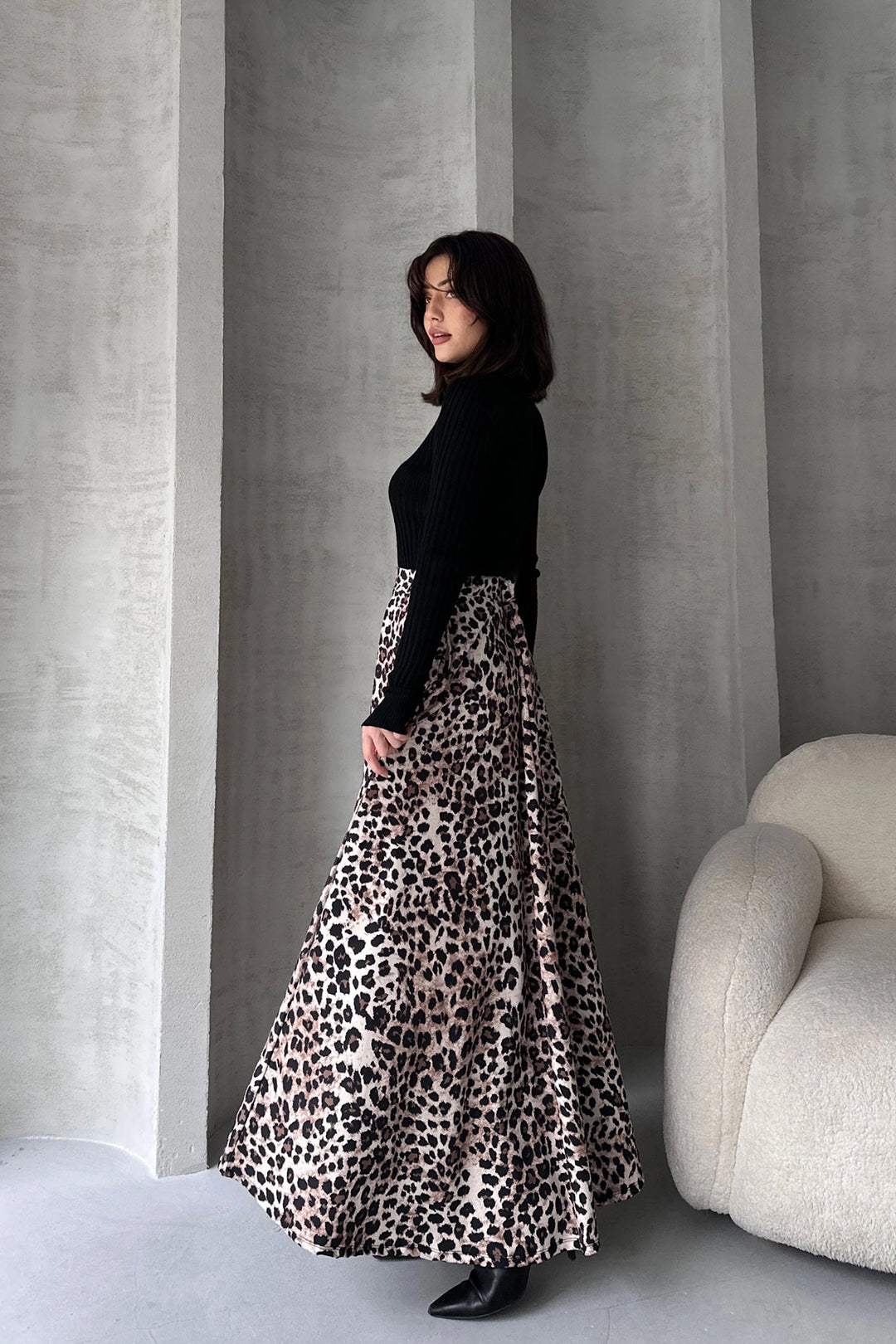 Black High Waisted Leopard Print Flare Skirt BCDF-242142 - Évora