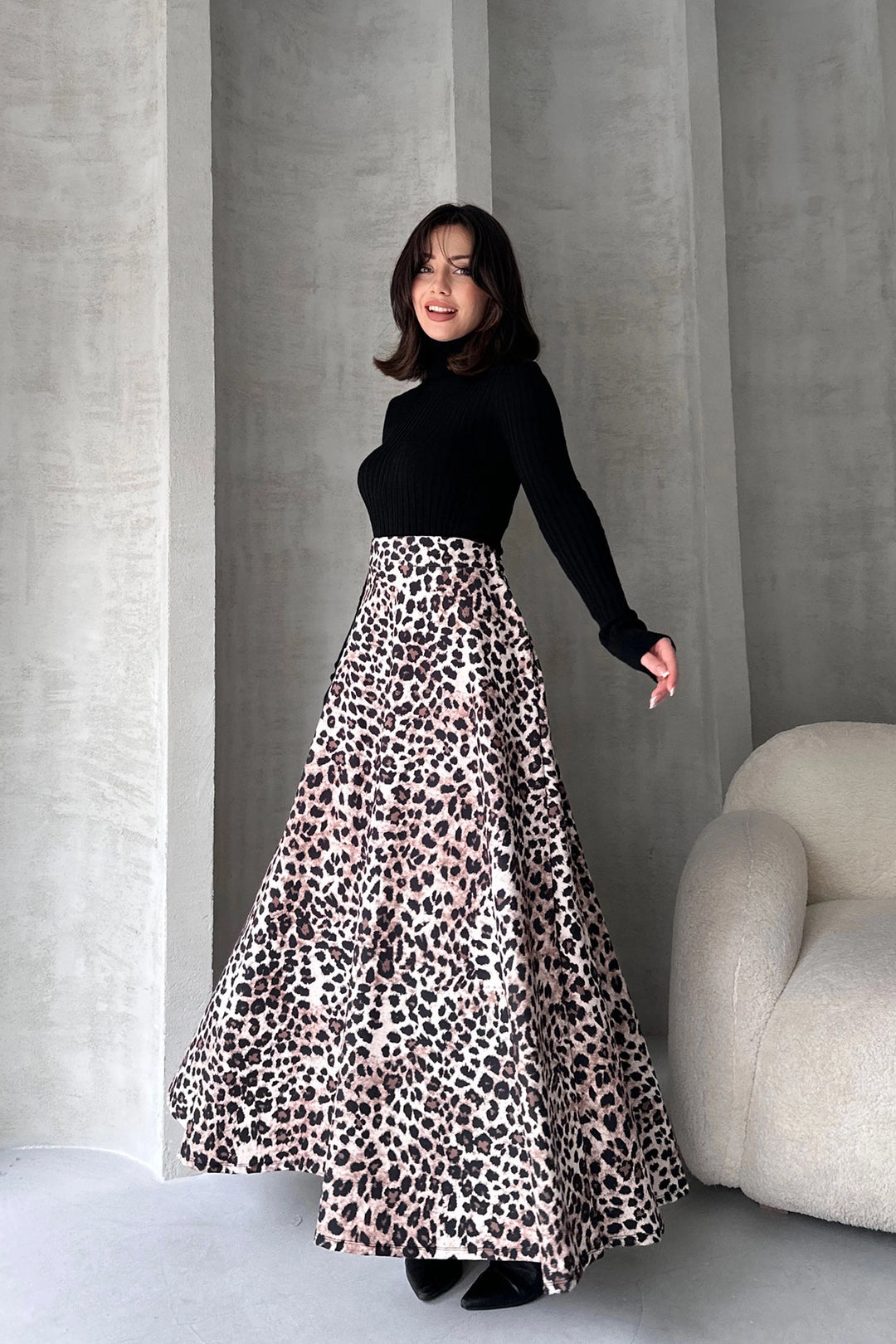 Black High Waisted Leopard Print Flare Skirt BCDF-242142 - Évora
