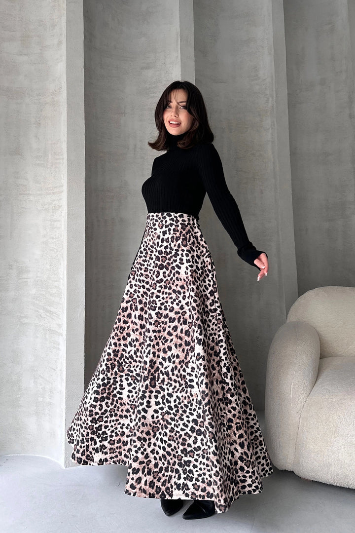Black High Waisted Leopard Print Flare Skirt BCDF-242142 - Évora