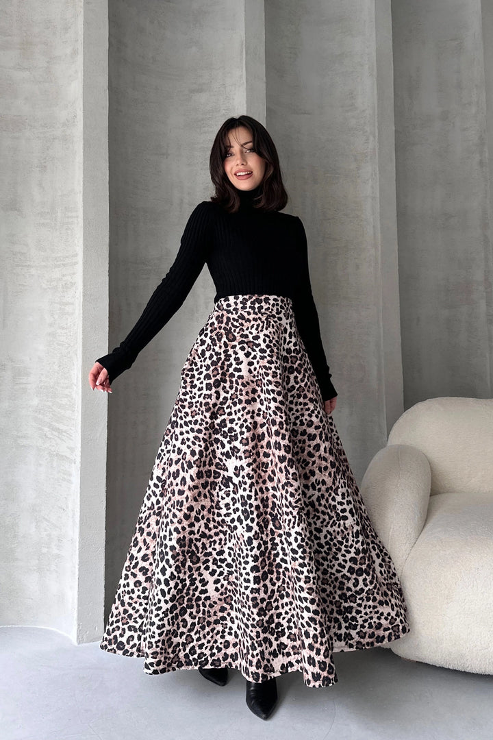 Black High Waisted Leopard Print Flare Skirt BCDF-242142 - Évora