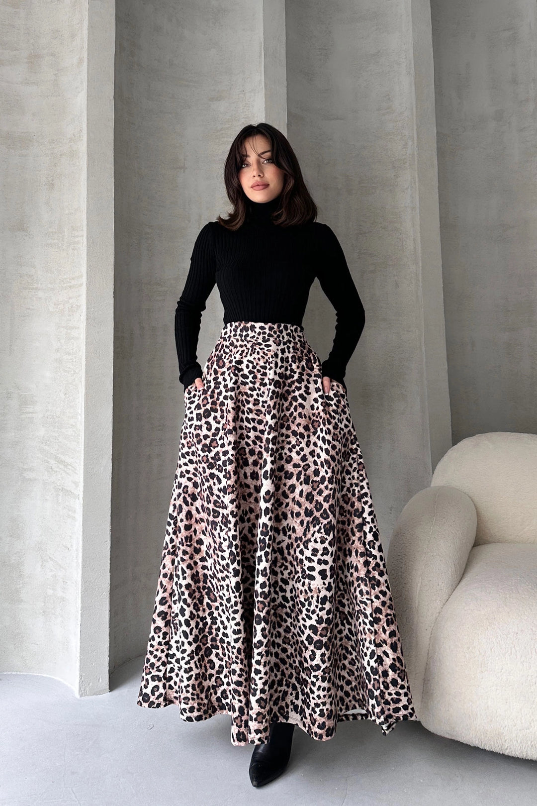 Black High Waisted Leopard Print Flare Skirt BCDF-242142 - Évora