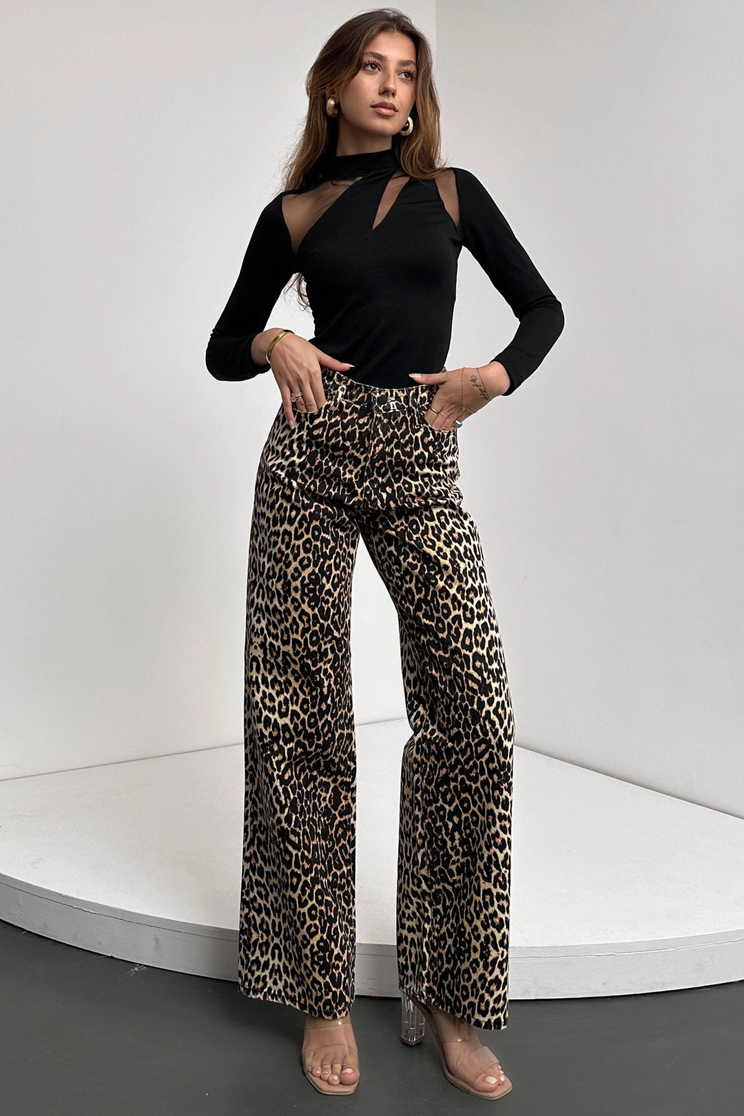 Black High Waisted Leopard Print Flare Pants BCDF-241106 - Acilia