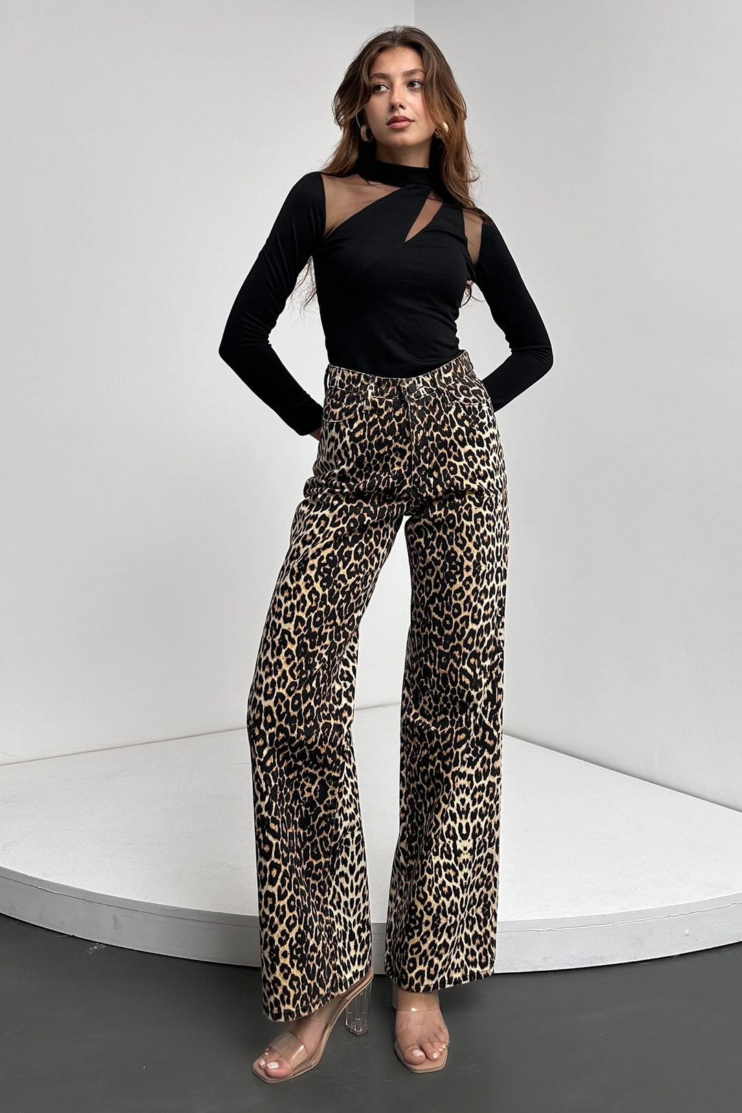 Black High Waisted Leopard Print Flare Pants BCDF-241106 - Acilia