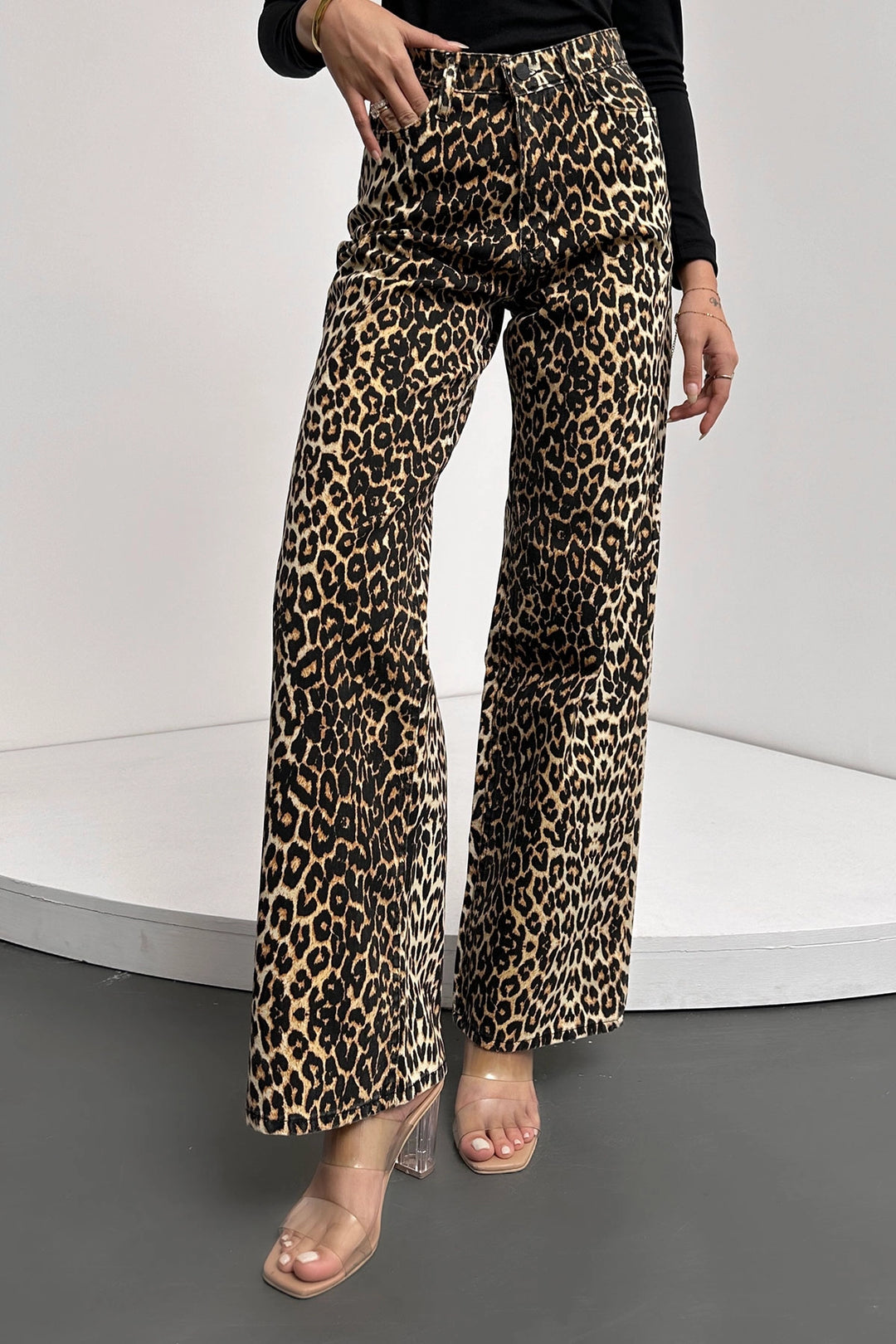 Black High Waisted Leopard Print Flare Pants BCDF-241106 - Acilia