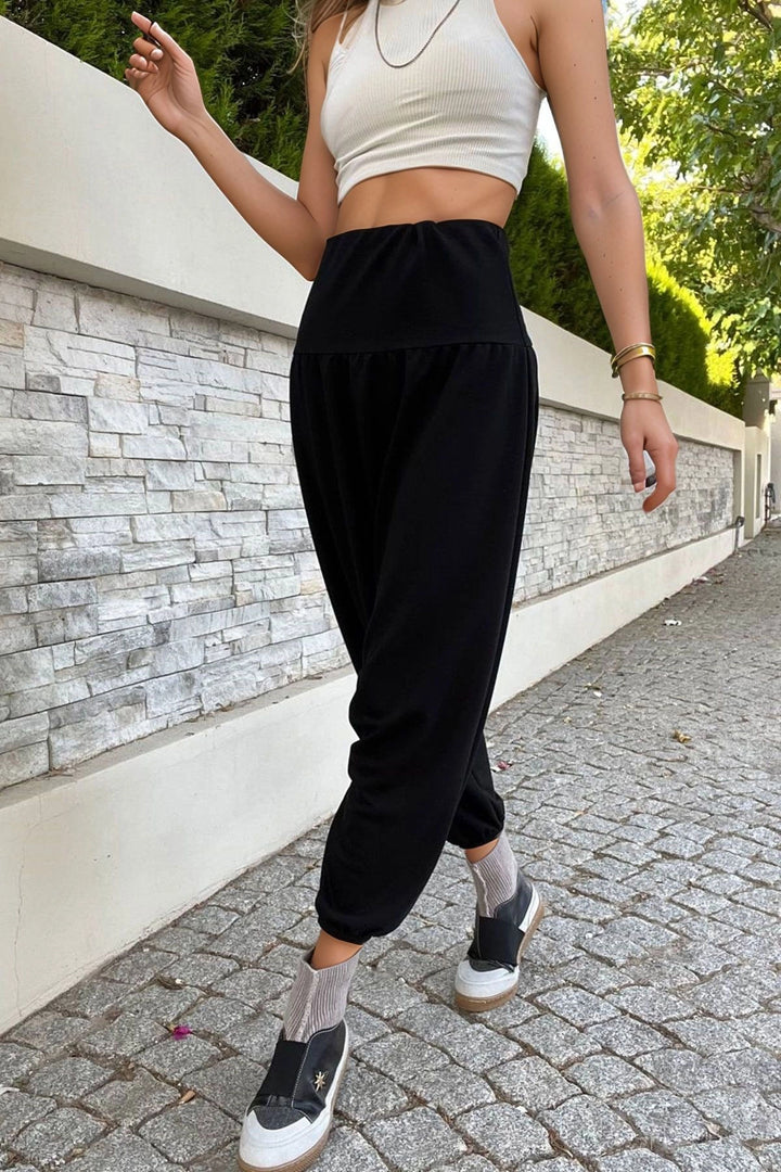 Black High Waist Elasticated Low Mesh Baggy Harem Pants BCBSK-25700-3466 - Mesa