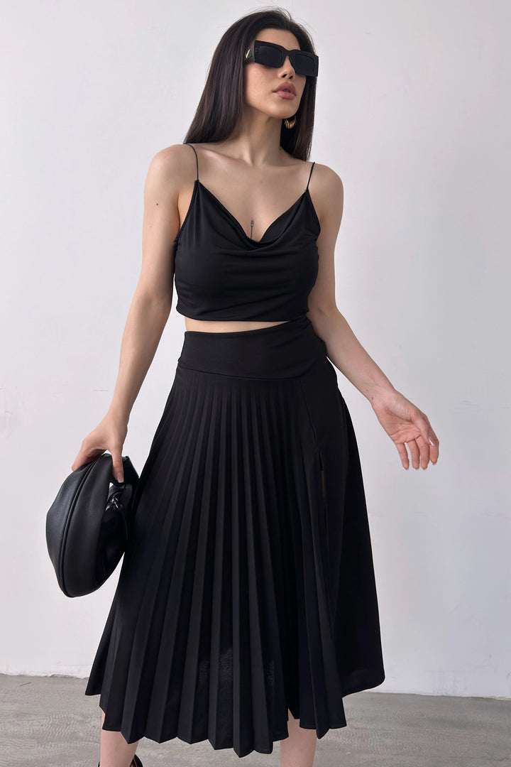Black High Waist Slit Detailed Ribbed Skirt BCDF-241073 - Lecce