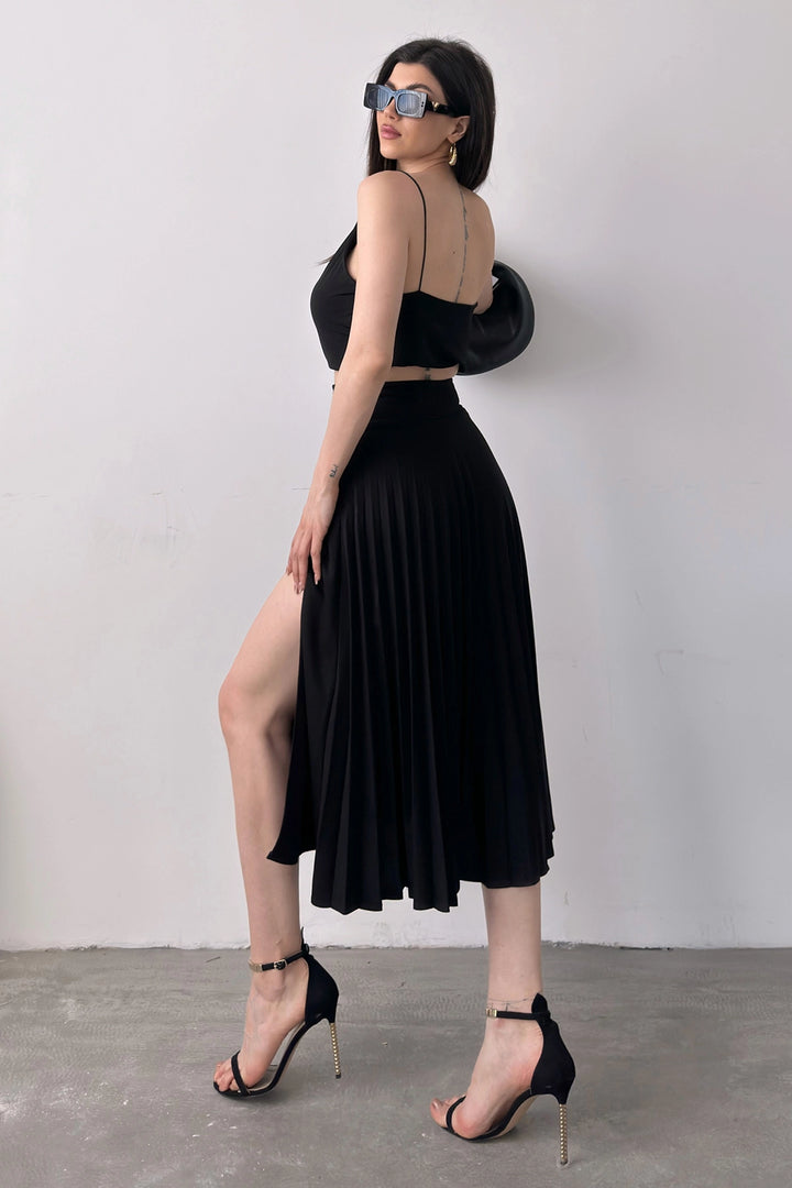 Black High Waist Slit Detailed Ribbed Skirt BCDF-241073 - Lecce