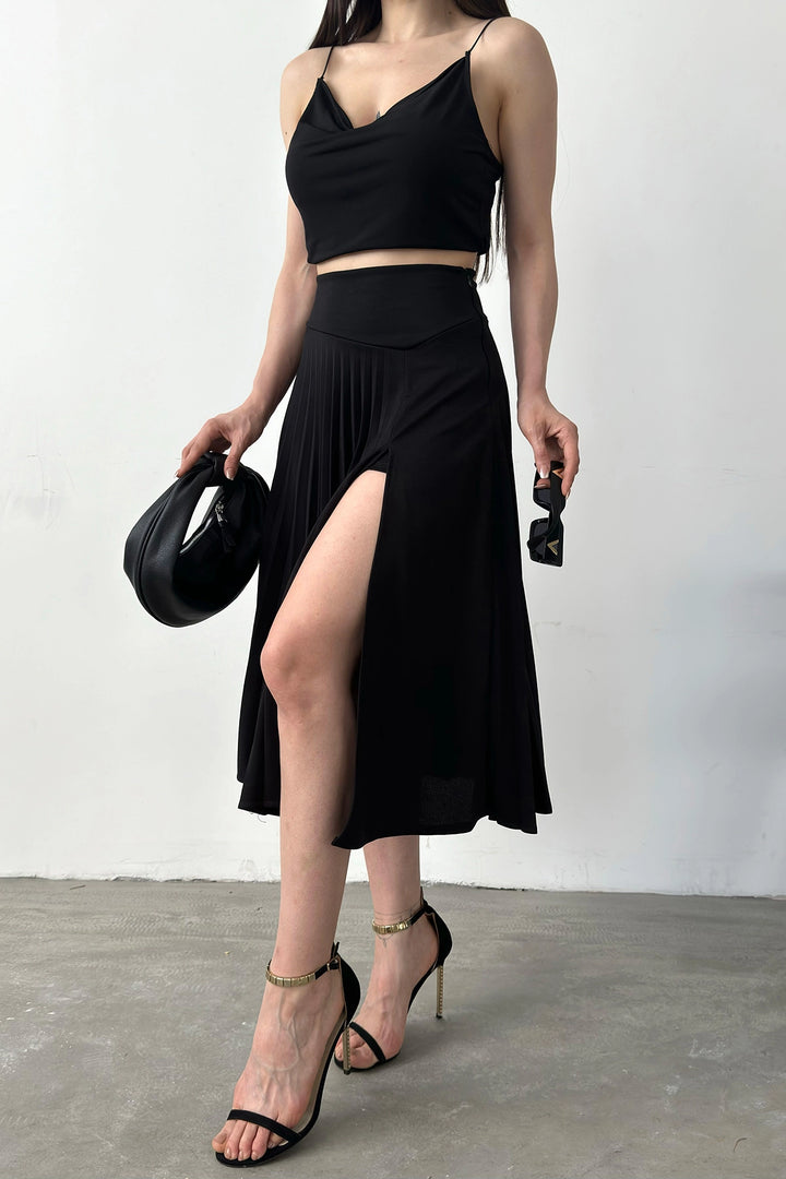 Black High Waist Slit Detailed Ribbed Skirt BCDF-241073 - Lecce