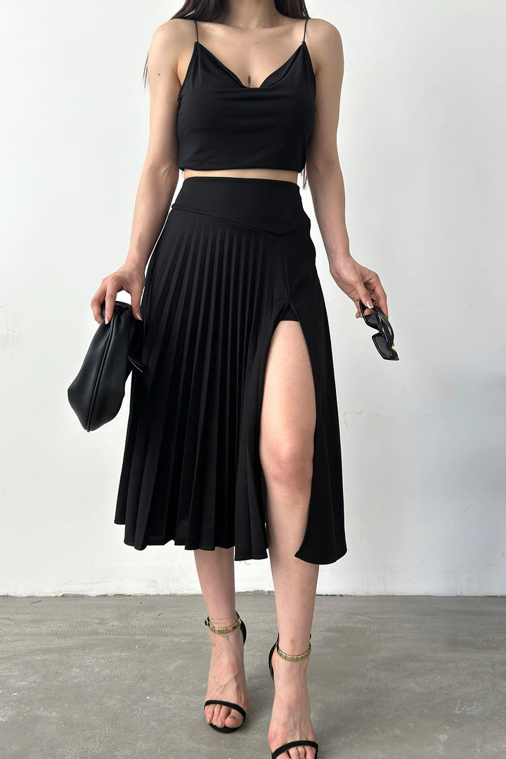 Black High Waist Slit Detailed Ribbed Skirt BCDF-241073 - Lecce