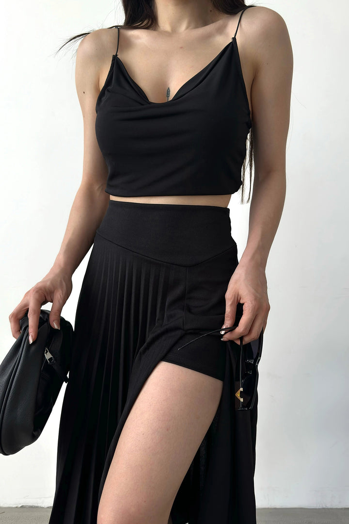 Black High Waist Slit Detailed Ribbed Skirt BCDF-241073 - Lecce
