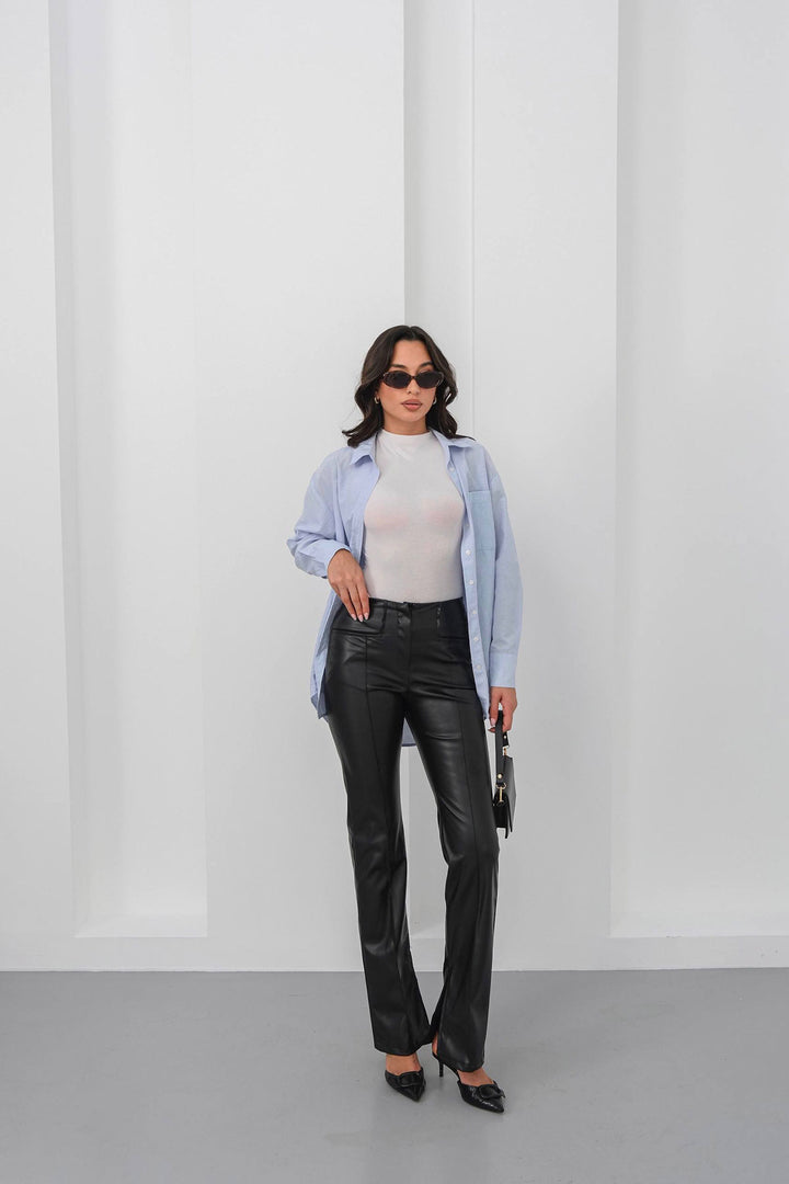 Black High Waisted Slit Faux Leather Pants BCHN-25265099 - Moline