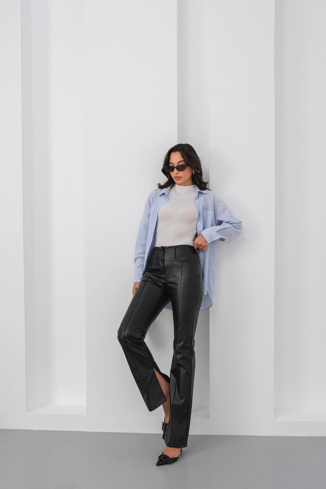 Black High Waisted Slit Faux Leather Pants BCHN-25265099 - Moline