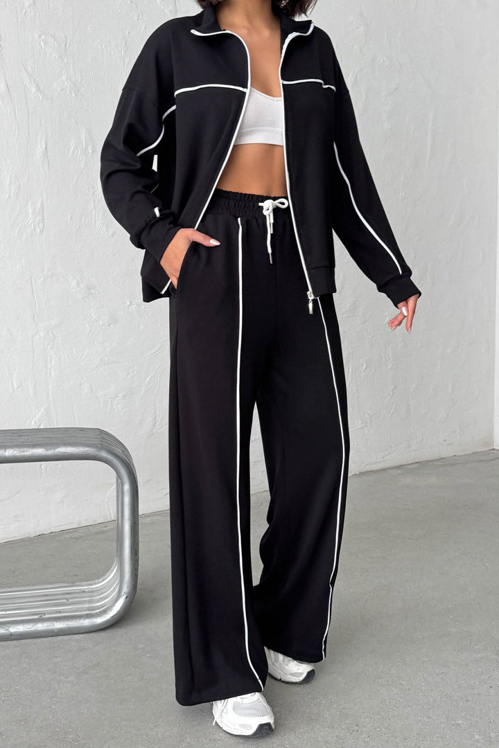 Black Soft Textured Palazzo Pants and Zippered Sweatshirt Set BCHN-25261024 - Vitoria-Gasteiz