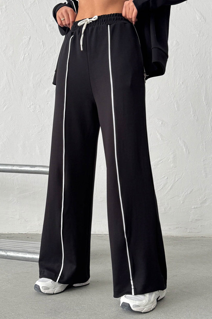 Black Soft Textured Palazzo Pants and Zippered Sweatshirt Set BCHN-25261024 - Vitoria-Gasteiz