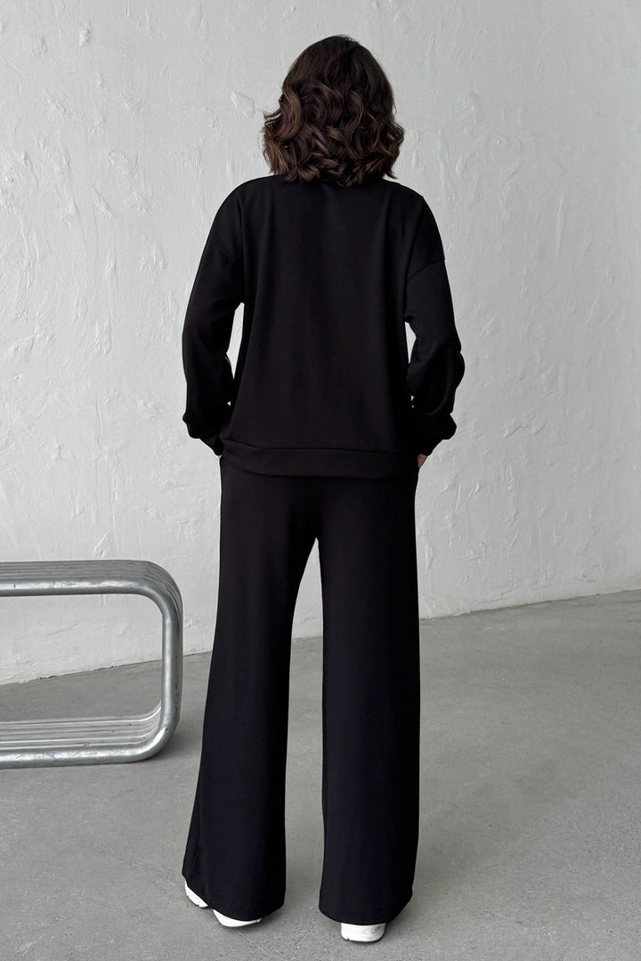 Black Soft Textured Palazzo Pants and Zippered Sweatshirt Set BCHN-25261024 - Vitoria-Gasteiz
