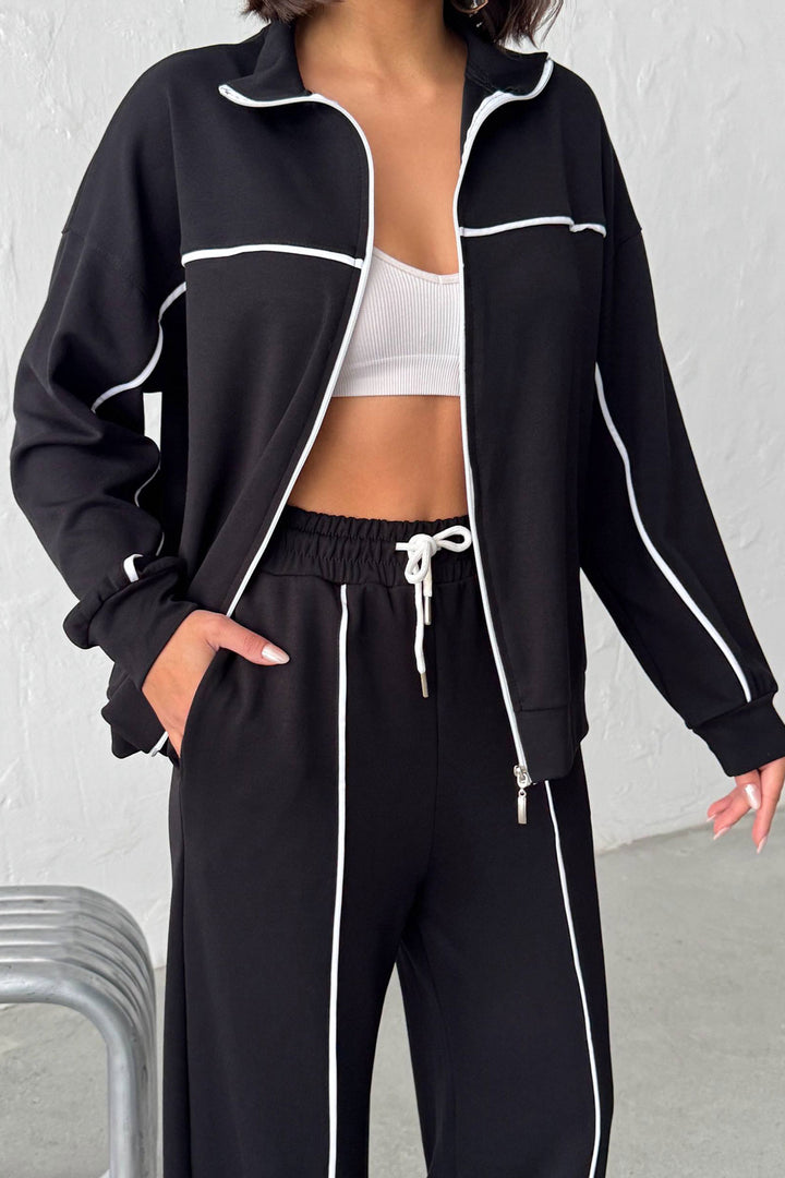 Black Soft Textured Palazzo Pants and Zippered Sweatshirt Set BCHN-25261024 - Vitoria-Gasteiz