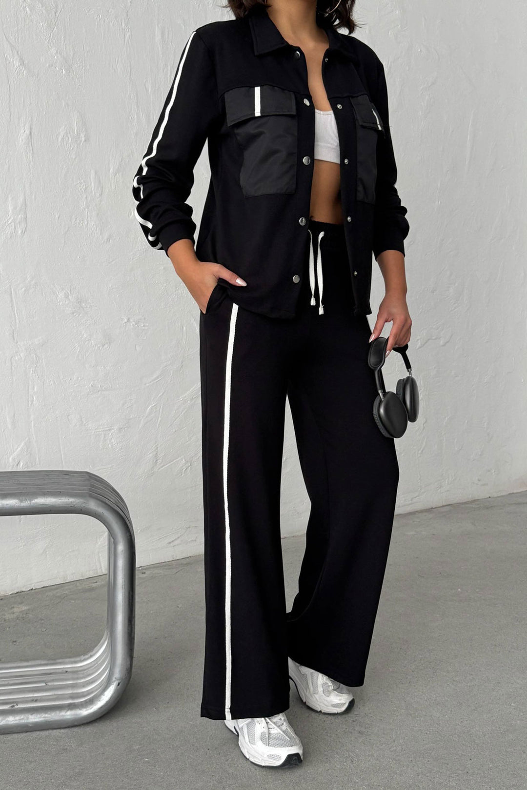 Black Soft Textured Palazzo Pants and Embroidered Shirt Set BCHN-25261025 - Tampico