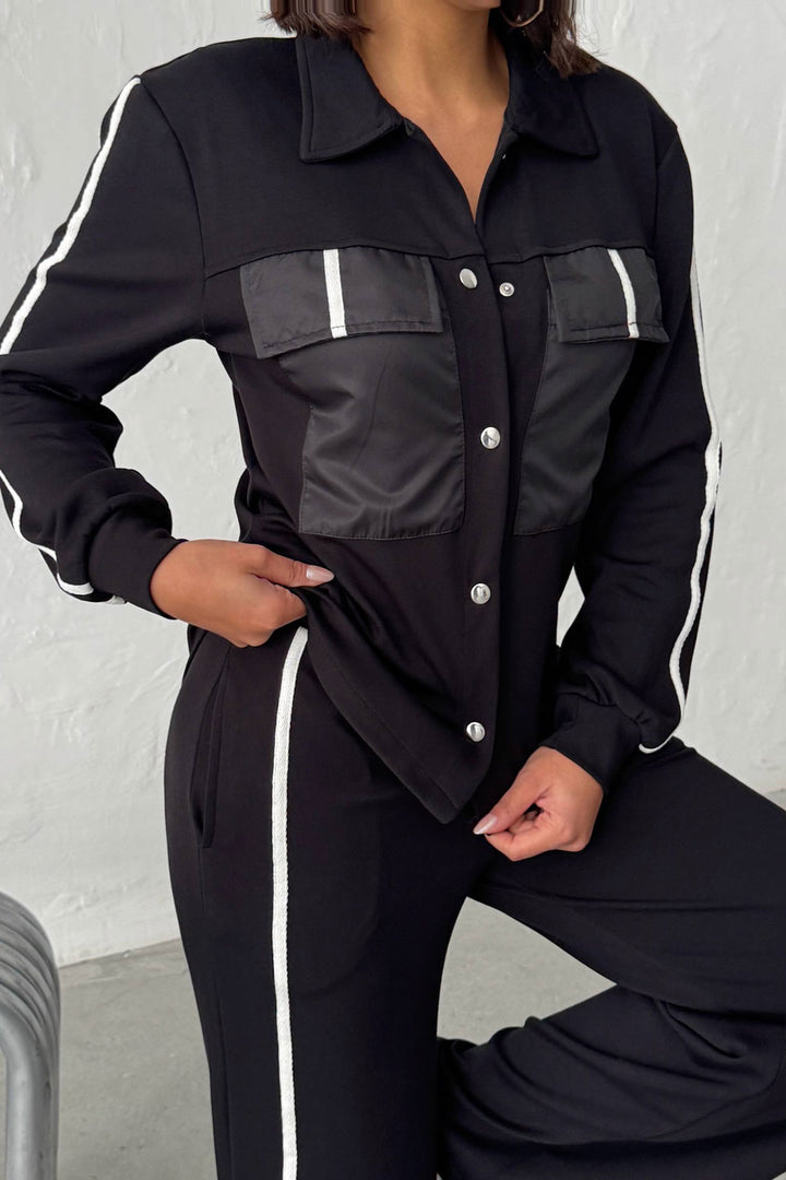 Black Soft Textured Palazzo Pants and Embroidered Shirt Set BCHN-25261025 - Tampico