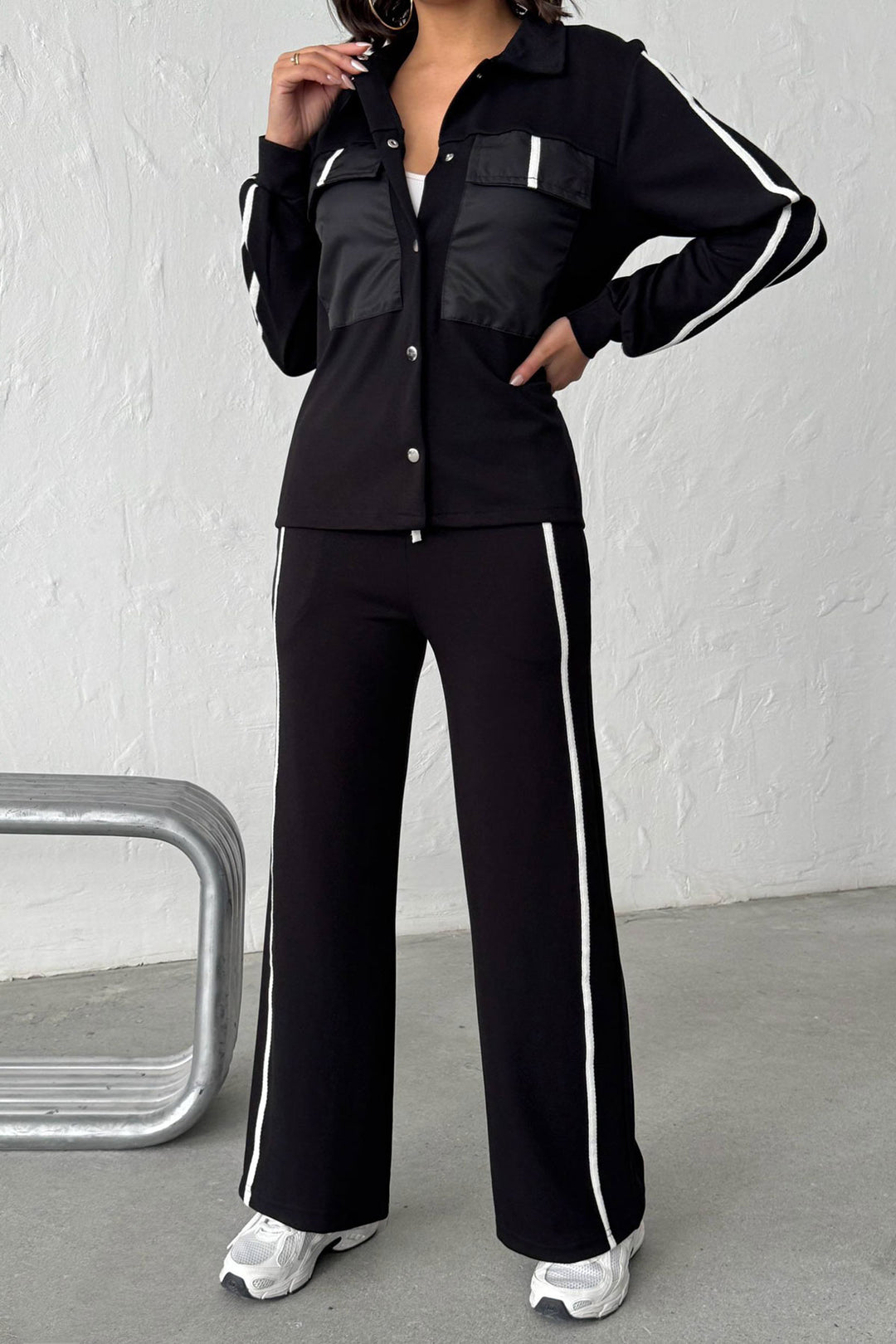 Black Soft Textured Palazzo Pants and Embroidered Shirt Set BCHN-25261025 - Tampico