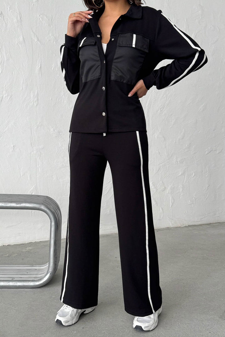 Black Soft Textured Palazzo Pants and Embroidered Shirt Set BCHN-25261025 - Tampico