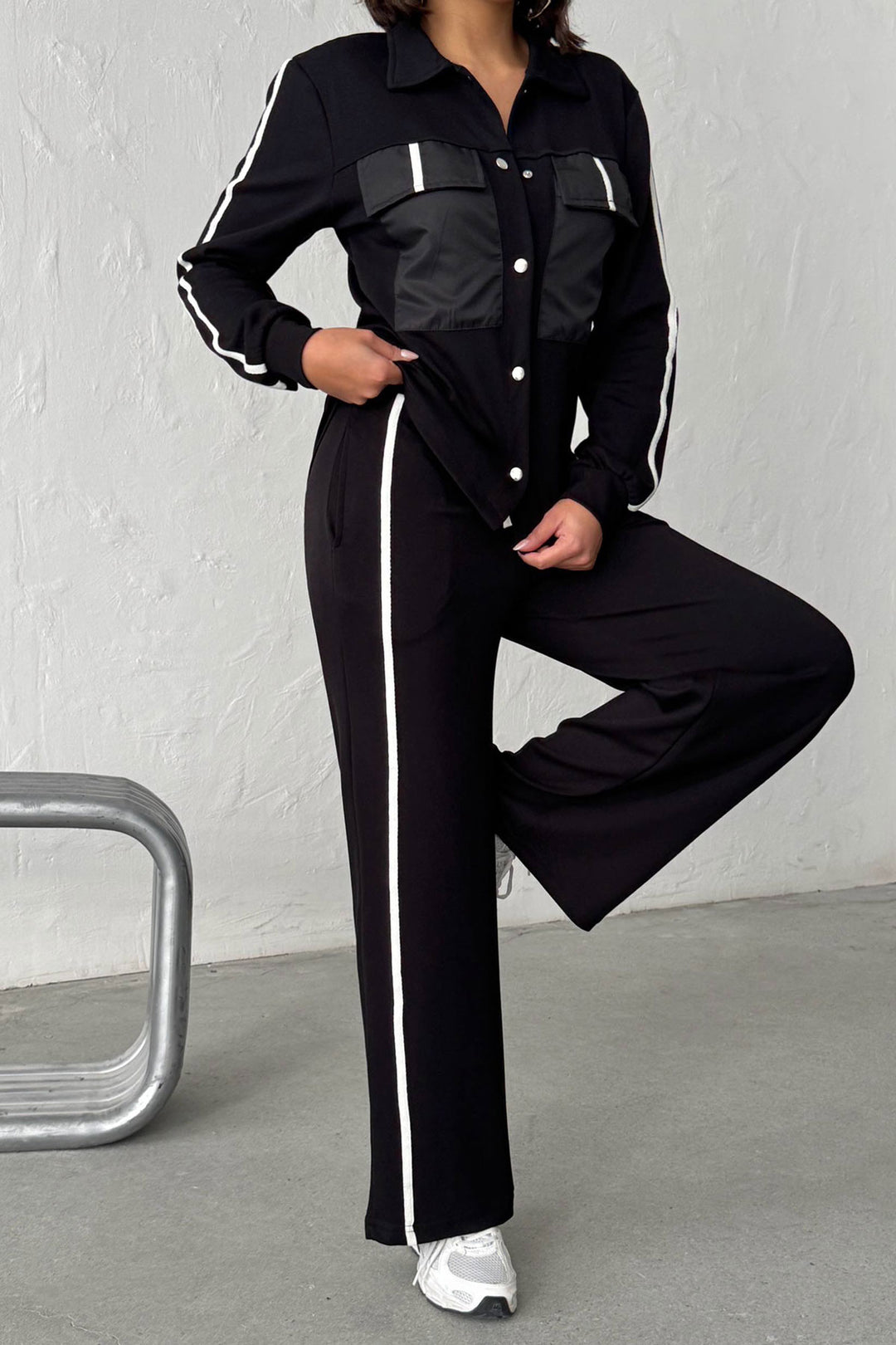 Black Soft Textured Palazzo Pants and Embroidered Shirt Set BCHN-25261025 - Tampico