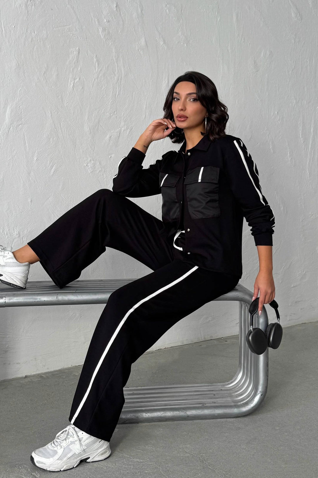 Black Soft Textured Palazzo Pants and Embroidered Shirt Set BCHN-25261025 - Tampico