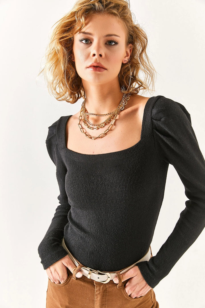 Black Soft Textured Square Neck Daily Blouse BCBSK-25700-K7482 - Heidelberg