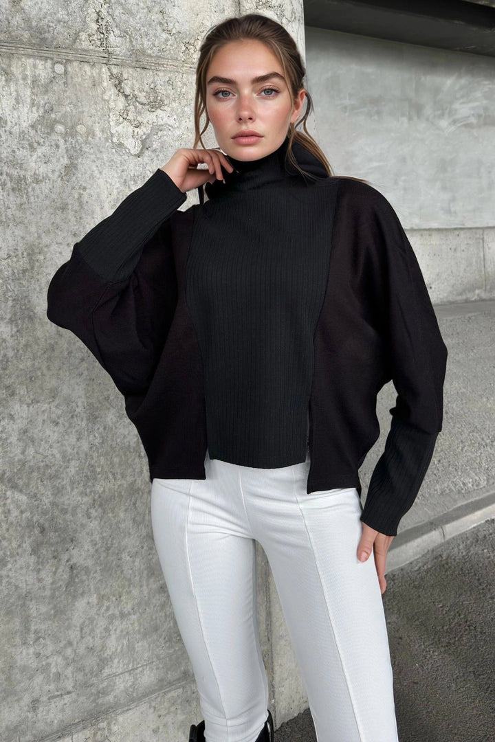 Black Soft Textured Oversized Asymmetric Blouse BCBSK-25700-3672 - Cagnes-sur-Mer