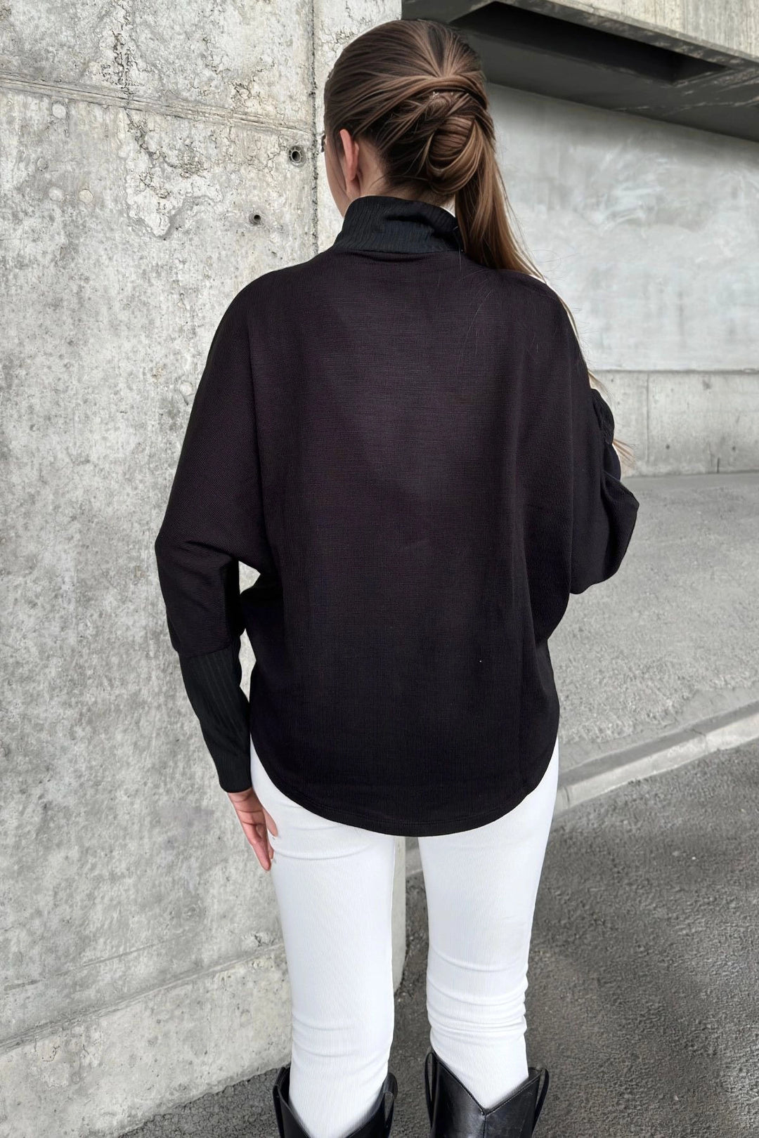 Black Soft Textured Oversized Asymmetric Blouse BCBSK-25700-3672 - Cagnes-sur-Mer