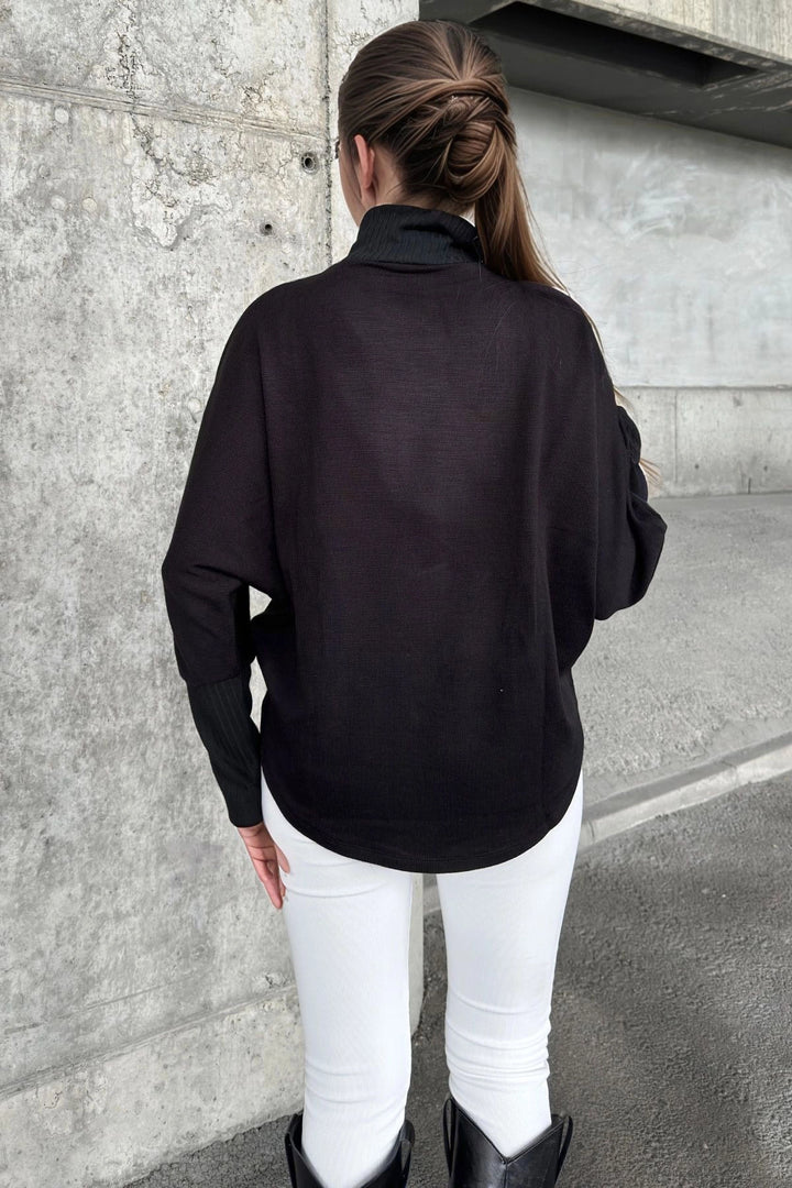 Black Soft Textured Oversized Asymmetric Blouse BCBSK-25700-3672 - Cagnes-sur-Mer