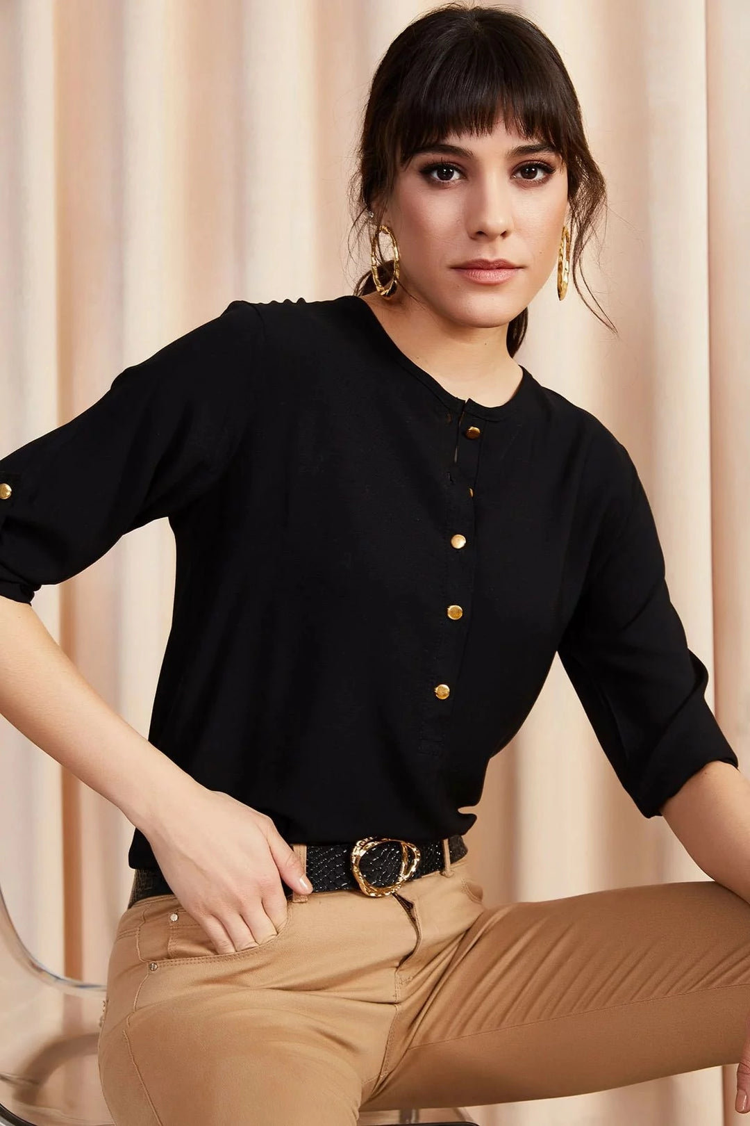 Black Soft Textured Half Buttoned Blouse BCBSK-25700-K5131 - Columbia