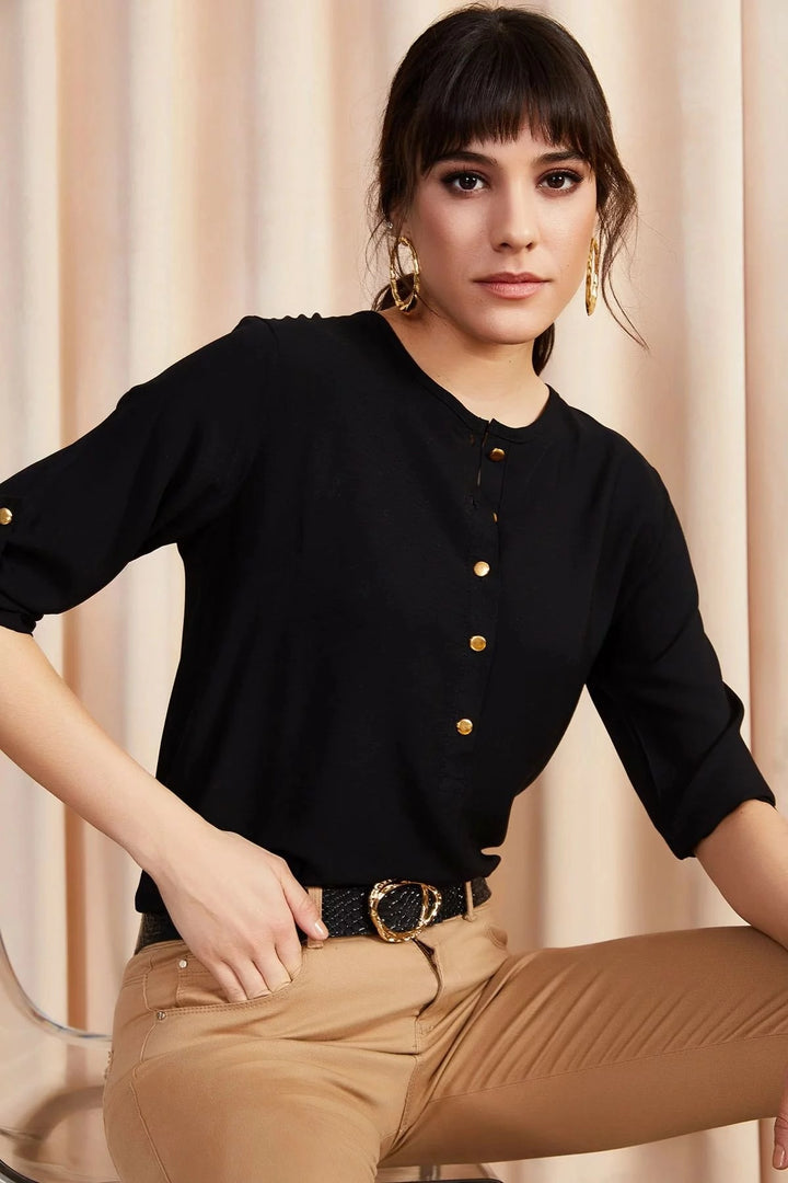Black Soft Textured Half Buttoned Blouse BCBSK-25700-K5131 - Columbia