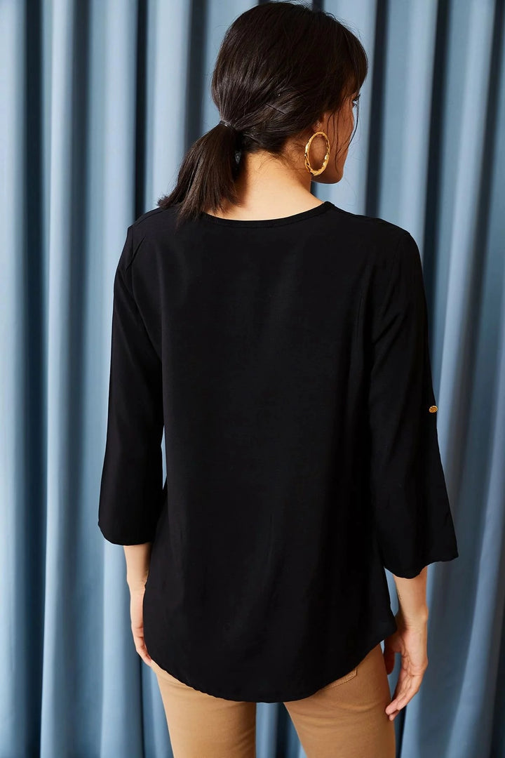 Black Soft Textured Half Buttoned Blouse BCBSK-25700-K5131 - Columbia