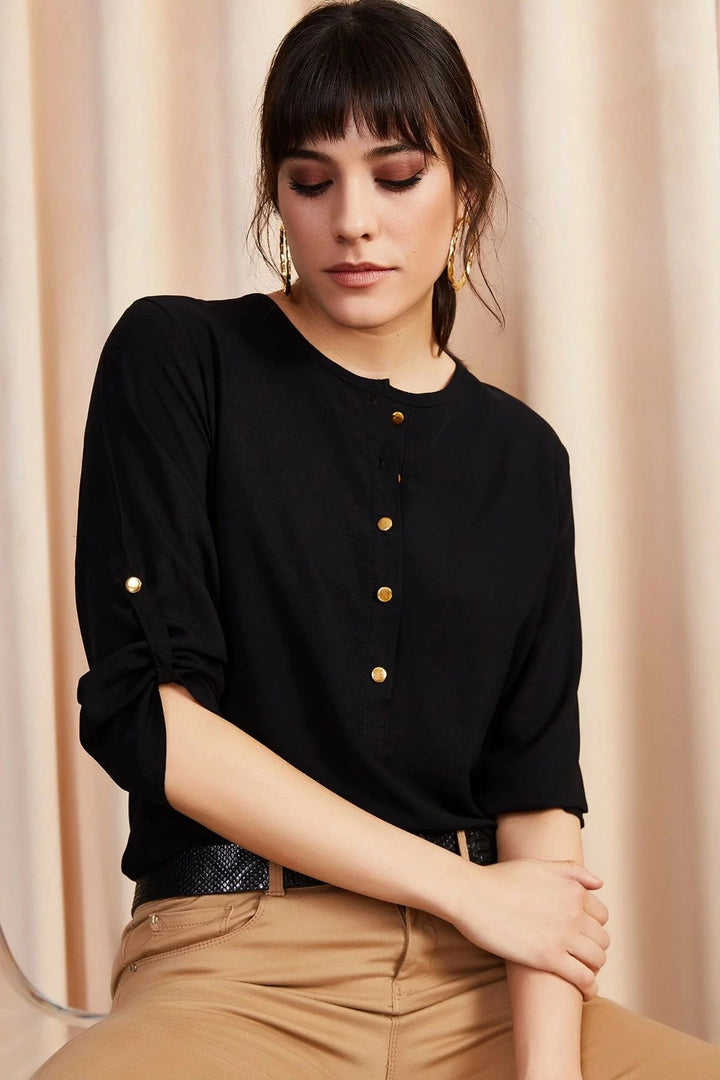 Black Soft Textured Half Buttoned Blouse BCBSK-25700-K5131 - Columbia