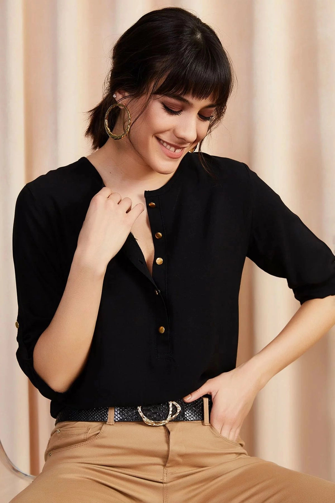 Black Soft Textured Half Buttoned Blouse BCBSK-25700-K5131 - Columbia