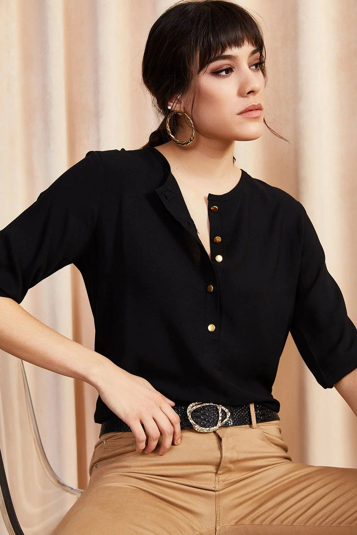 Black Soft Textured Half Buttoned Blouse BCBSK-25700-K5131 - Columbia