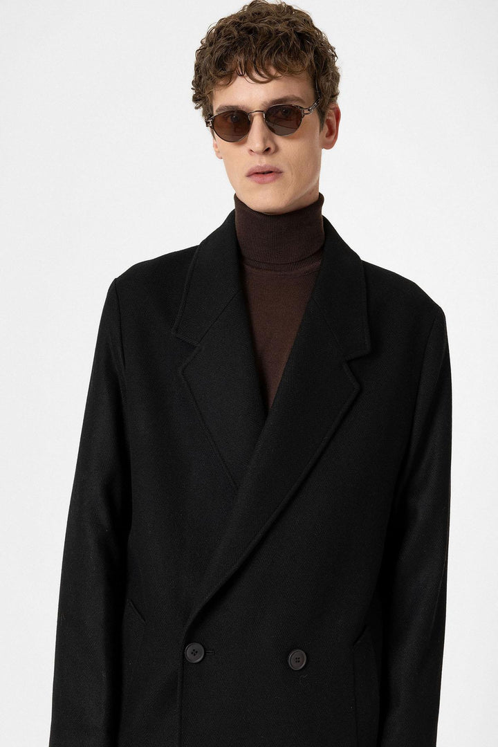ANT Antioch Black Wool Blend Herringbone Double-Breasted Men's Coat - Gallarate
