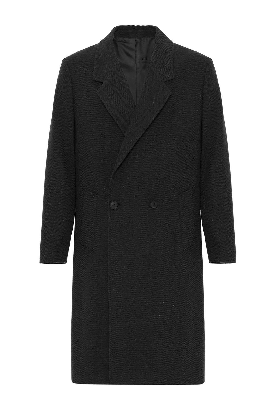 ANT Antioch Black Wool Blend Herringbone Double-Breasted Men's Coat - Gallarate