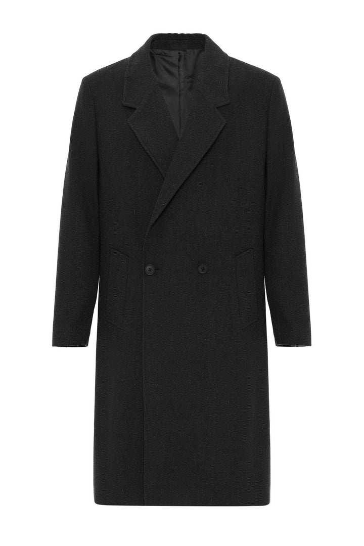 ANT Antioch Black Wool Blend Herringbone Double-Breasted Men's Coat - Gallarate