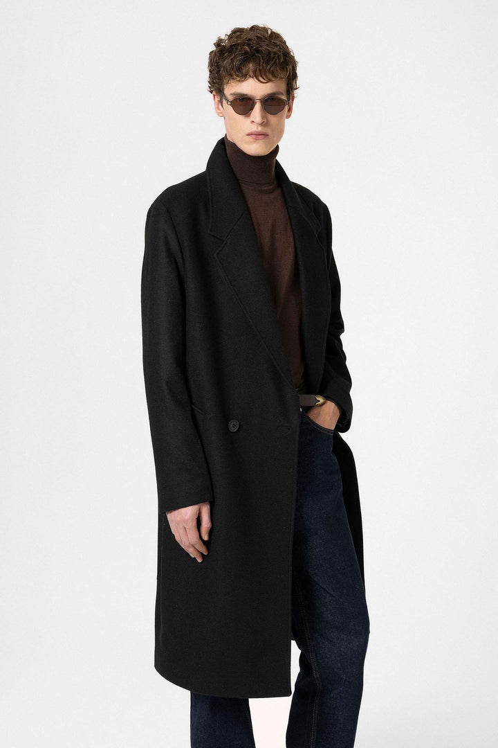 ANT Antioch Black Wool Blend Herringbone Double-Breasted Men's Coat - Gallarate