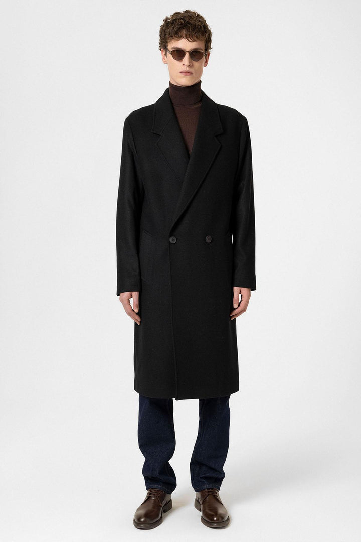 ANT Antioch Black Wool Blend Herringbone Double-Breasted Men's Coat - Gallarate