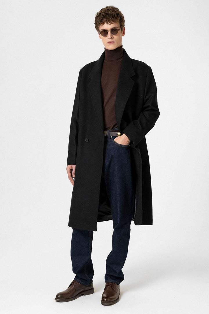 ANT Antioch Black Wool Blend Herringbone Double-Breasted Men's Coat - Gallarate