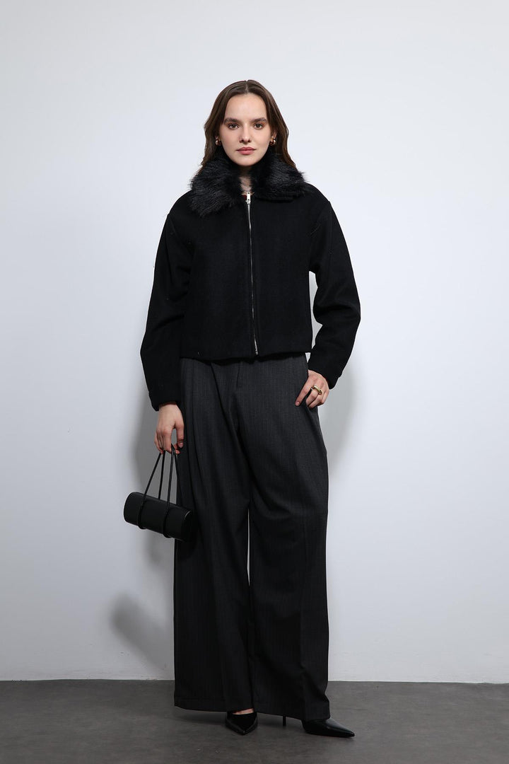 ANT Antioch Black Wool Blend Faux Fur Collar Jacket - Khartsyzk