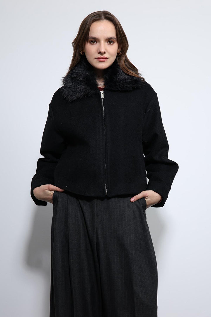 ANT Antioch Black Wool Blend Faux Fur Collar Jacket - Khartsyzk