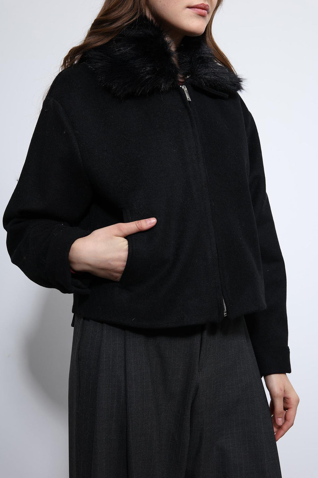 ANT Antioch Black Wool Blend Faux Fur Collar Jacket - Khartsyzk